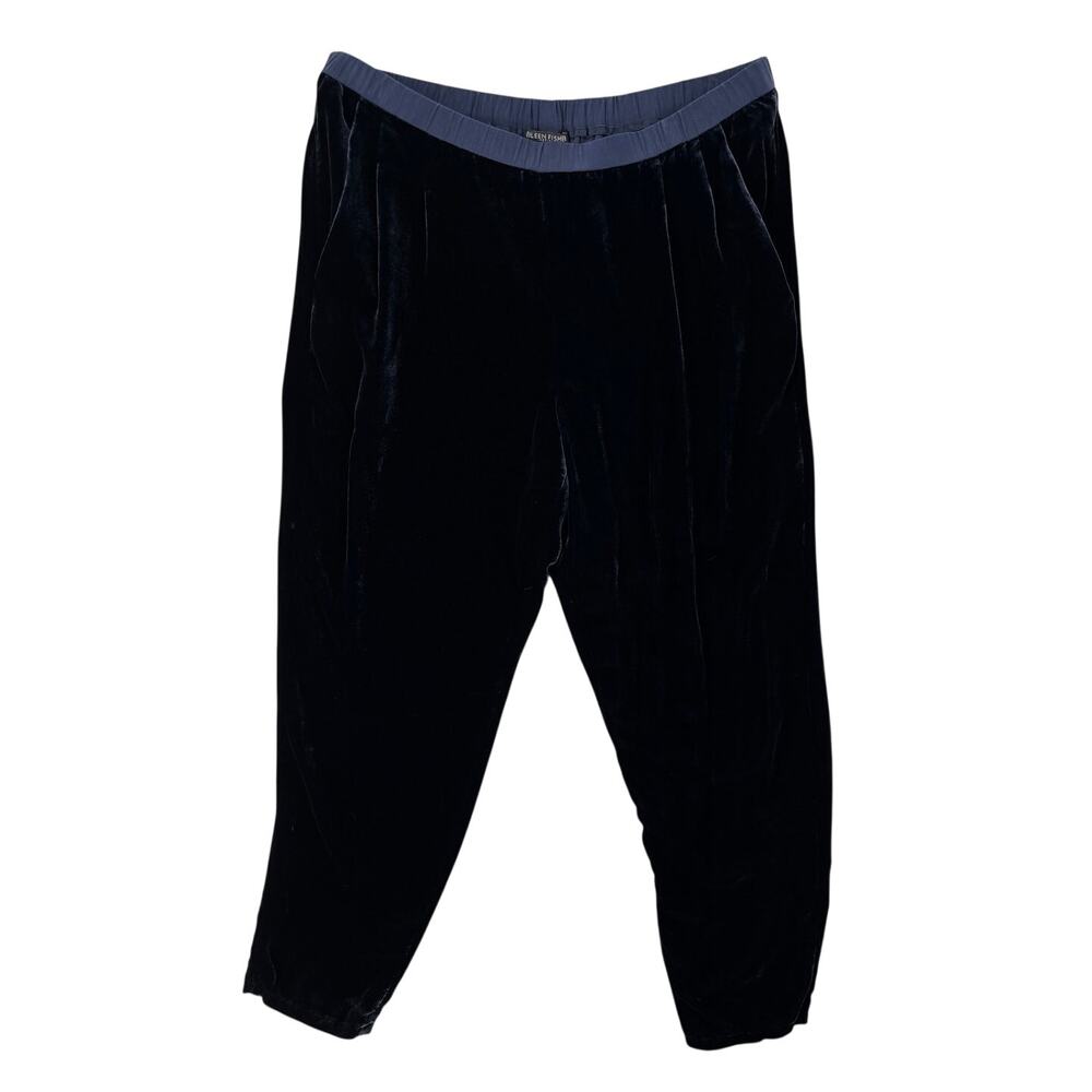 Eileen Fisher Velvet Pull On Pants Silk Trim Petite Medium Midnight Blue